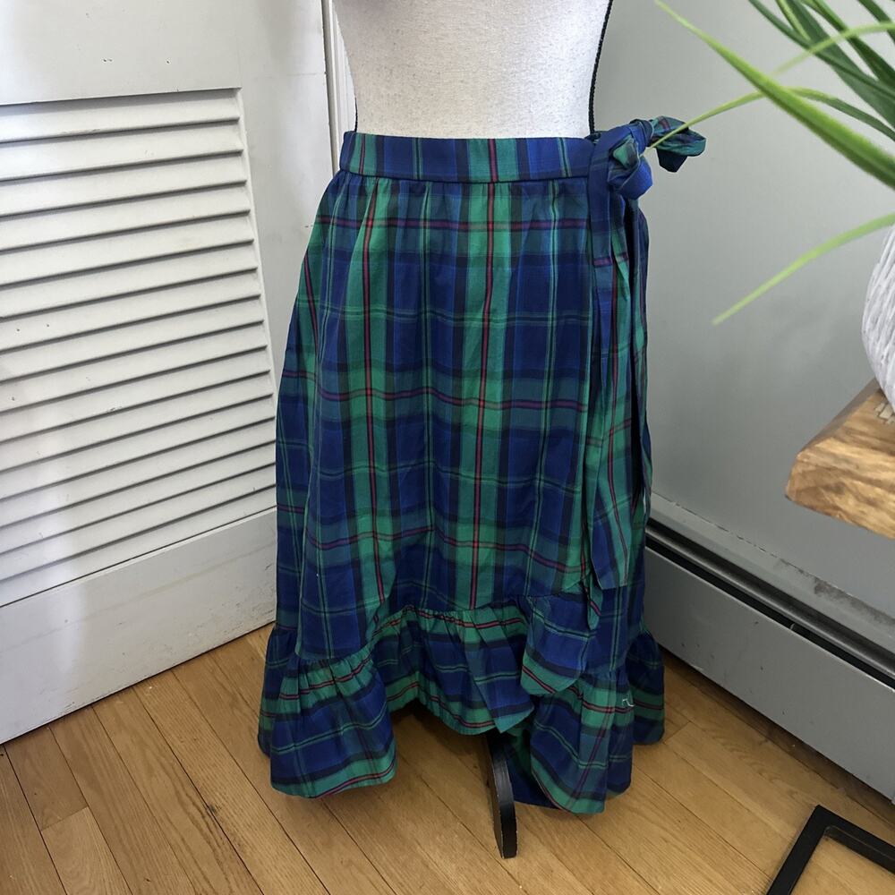 J Crew Factory Skirt Medium Blue Green Plaid Poplin Mini Wrap Asymmetric Ruffle